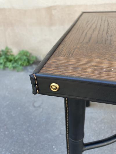 Jacques Adnet 1950s Stitched leather and oak table by Jacques Adnet