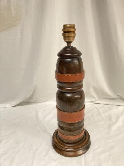 Jacques Adnet 1950s Stitched leather and oak table lamp by Jacques adnet