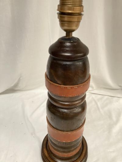 Jacques Adnet 1950s Stitched leather and oak table lamp by Jacques adnet