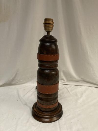 Jacques Adnet 1950s Stitched leather and oak table lamp by Jacques adnet