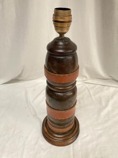 Jacques Adnet 1950s Stitched leather and oak table lamp by Jacques adnet