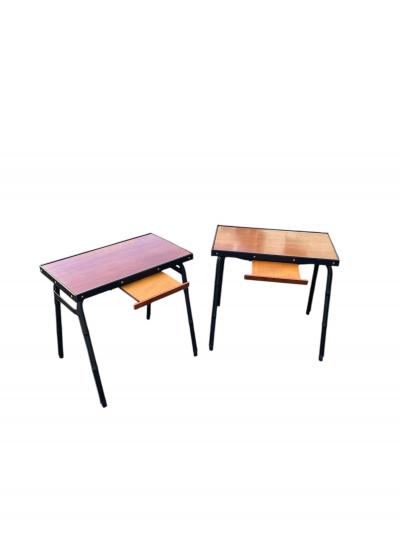 Jacques Adnet 1950s Stitched leather and pear wood side tables by Jacques Adnet