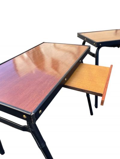 Jacques Adnet 1950s Stitched leather and pear wood side tables by Jacques Adnet