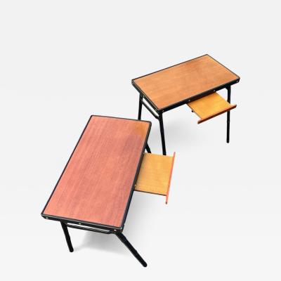 Jacques Adnet 1950s Stitched leather and pear wood side tables by Jacques Adnet