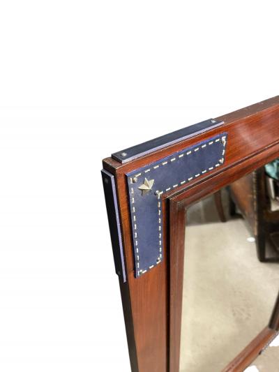 Jacques Adnet 1950s Stitched leather and pear wood wall mirror by Jacques Adnet