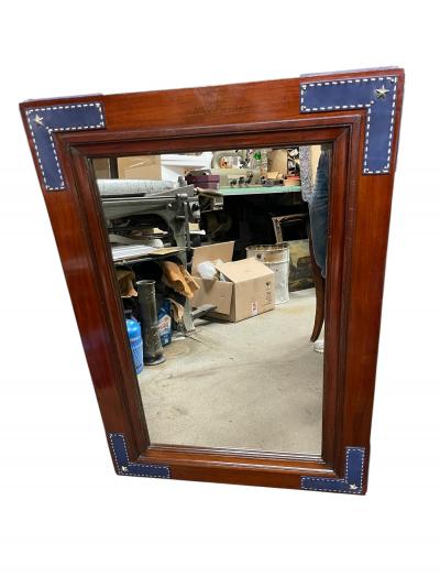 Jacques Adnet 1950s Stitched leather and pear wood wall mirror by Jacques Adnet