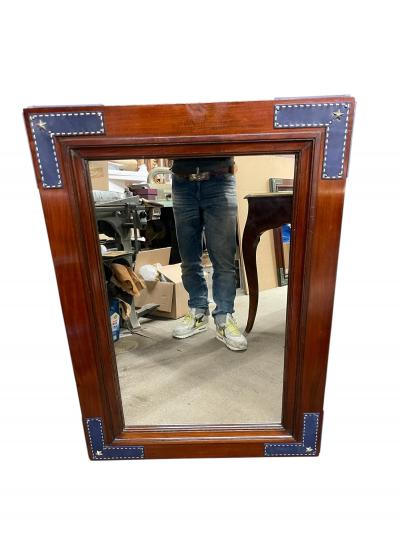 Jacques Adnet 1950s Stitched leather and pear wood wall mirror by Jacques Adnet