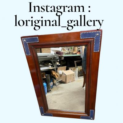 Jacques Adnet 1950s Stitched leather and pear wood wall mirror by Jacques Adnet