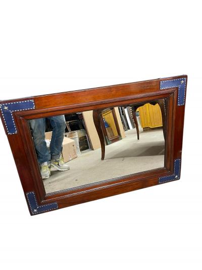 Jacques Adnet 1950s Stitched leather and pear wood wall mirror by Jacques Adnet