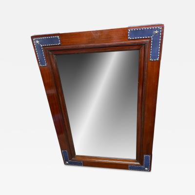 Jacques Adnet 1950s Stitched leather and pear wood wall mirror by Jacques Adnet