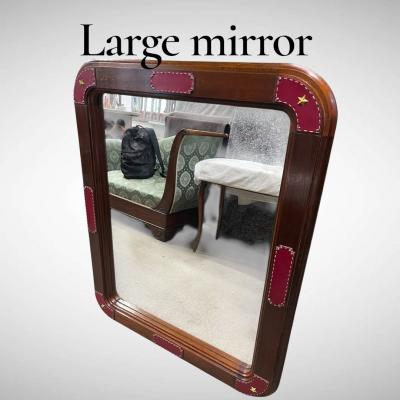 Jacques Adnet 1950s Stitched leather and pearwood wall mirror by Jacques Adnet