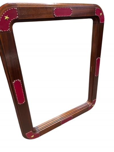 Jacques Adnet 1950s Stitched leather and pearwood wall mirror by Jacques Adnet