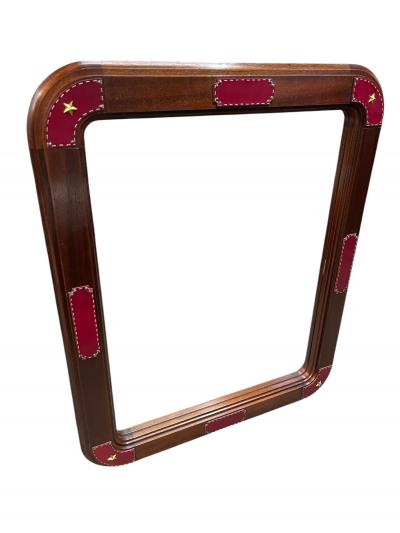 Jacques Adnet 1950s Stitched leather and pearwood wall mirror by Jacques Adnet