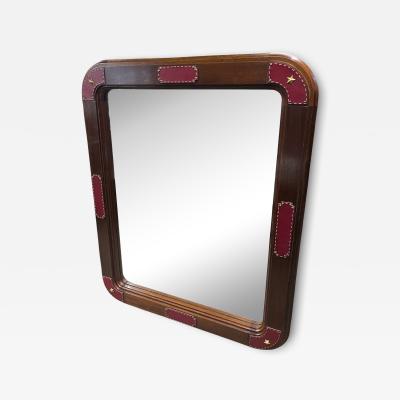 Jacques Adnet 1950s Stitched leather and pearwood wall mirror by Jacques Adnet
