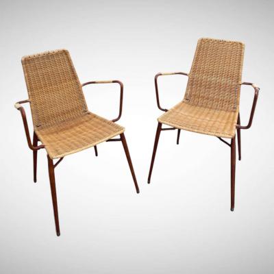 Jacques Adnet 1950s Stitched leather and rattan armchairs by Jacques ADNET