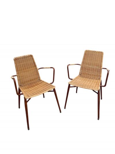 Jacques Adnet 1950s Stitched leather and rattan armchairs by Jacques ADNET