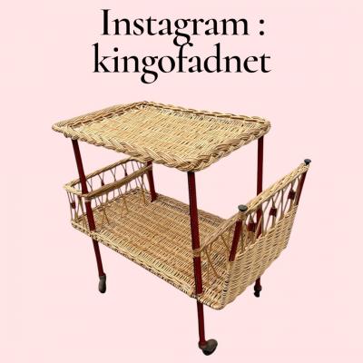 Jacques Adnet 1950s Stitched leather and rattan bar cart by Jacques Adnet