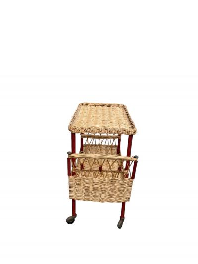 Jacques Adnet 1950s Stitched leather and rattan bar cart by Jacques Adnet