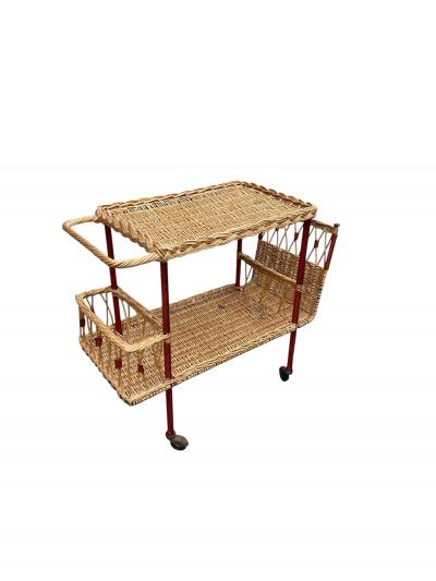 Jacques Adnet 1950s Stitched leather and rattan bar cart by Jacques Adnet