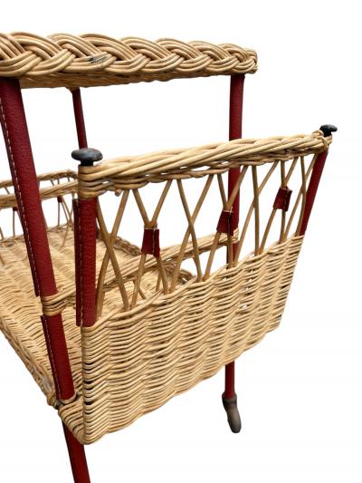 Jacques Adnet 1950s Stitched leather and rattan bar cart by Jacques Adnet