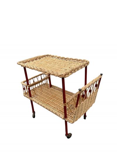 Jacques Adnet 1950s Stitched leather and rattan bar cart by Jacques Adnet