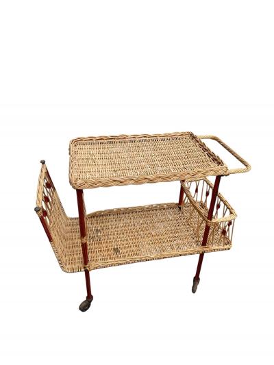 Jacques Adnet 1950s Stitched leather and rattan bar cart by Jacques Adnet