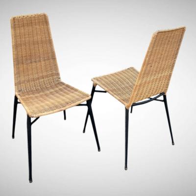 Jacques Adnet 1950s Stitched leather and rattan chairs by Jacques Adnet