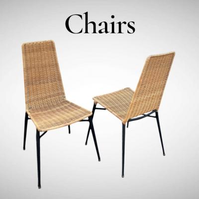 Jacques Adnet 1950s Stitched leather and rattan chairs by Jacques Adnet
