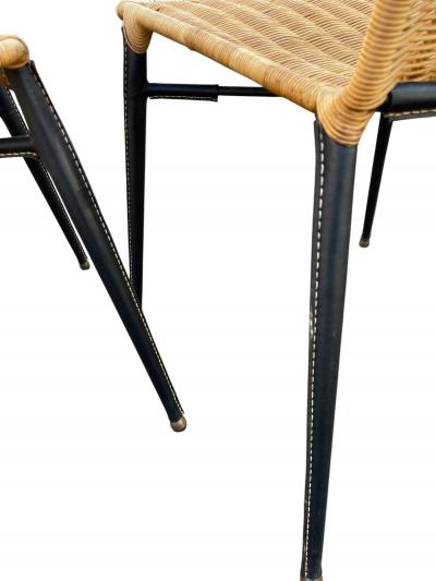 Jacques Adnet 1950s Stitched leather and rattan chairs by Jacques Adnet