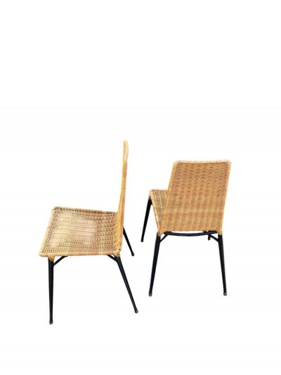Jacques Adnet 1950s Stitched leather and rattan chairs by Jacques Adnet