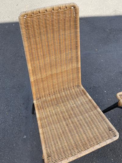 Jacques Adnet 1950s Stitched leather and rattan chairs by Jacques Adnet