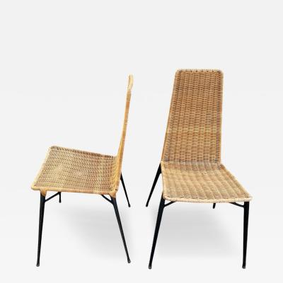 Jacques Adnet 1950s Stitched leather and rattan chairs by Jacques Adnet