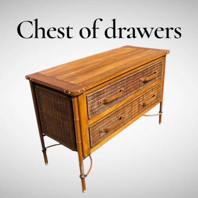 Jacques Adnet 1950s Stitched leather and rattan chest of drawers by Jacques Adnet