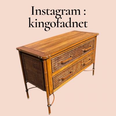 Jacques Adnet 1950s Stitched leather and rattan chest of drawers by Jacques Adnet