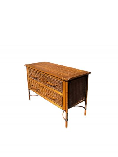 Jacques Adnet 1950s Stitched leather and rattan chest of drawers by Jacques Adnet