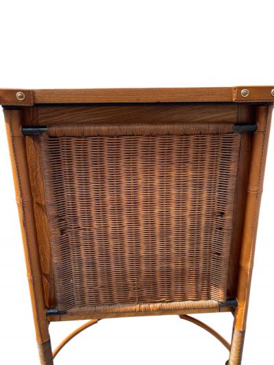 Jacques Adnet 1950s Stitched leather and rattan chest of drawers by Jacques Adnet