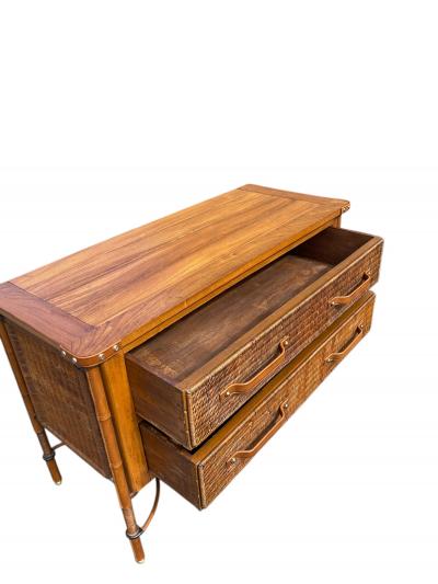 Jacques Adnet 1950s Stitched leather and rattan chest of drawers by Jacques Adnet