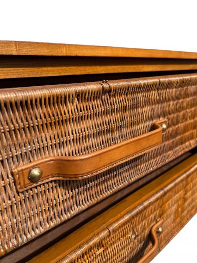 Jacques Adnet 1950s Stitched leather and rattan chest of drawers by Jacques Adnet