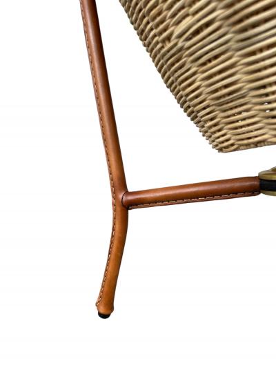 Jacques Adnet 1950s Stitched leather and rattan lamp by Jacques Adnet