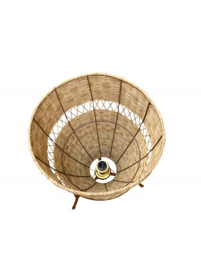 Jacques Adnet 1950s Stitched leather and rattan lamp by Jacques Adnet