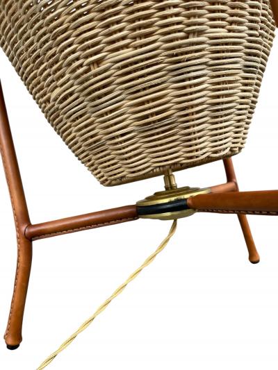 Jacques Adnet 1950s Stitched leather and rattan lamp by Jacques Adnet