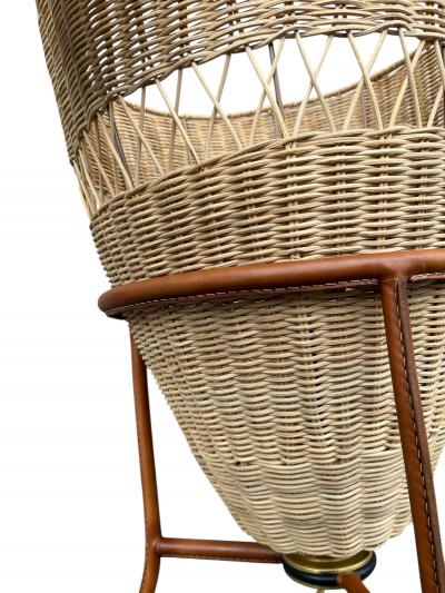 Jacques Adnet 1950s Stitched leather and rattan lamp by Jacques Adnet