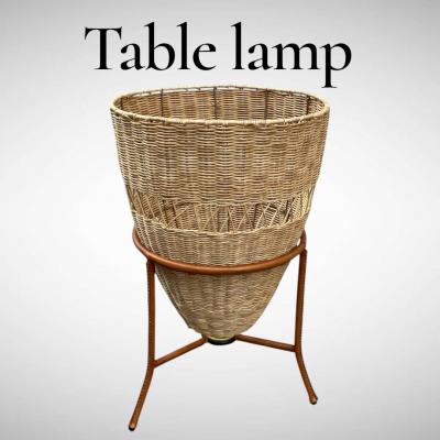 Jacques Adnet 1950s Stitched leather and rattan lamp by Jacques Adnet