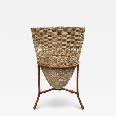 Jacques Adnet 1950s Stitched leather and rattan lamp by Jacques Adnet
