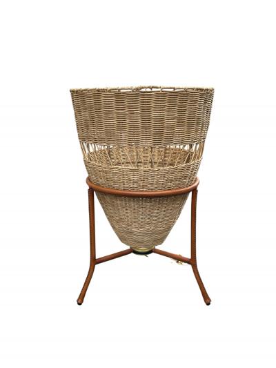 Jacques Adnet 1950s Stitched leather and rattan lamp by Jacques Adnet