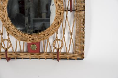 Jacques Adnet 1950s Stitched leather and rattan wall mirror by Jacques Adnet