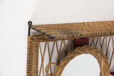 Jacques Adnet 1950s Stitched leather and rattan wall mirror by Jacques Adnet