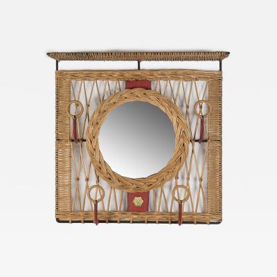 Jacques Adnet 1950s Stitched leather and rattan wall mirror by Jacques Adnet
