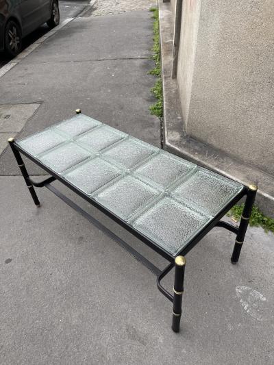 Jacques Adnet 1950s Stitched leather and saint Gobain glass side table by Jacques Adnet