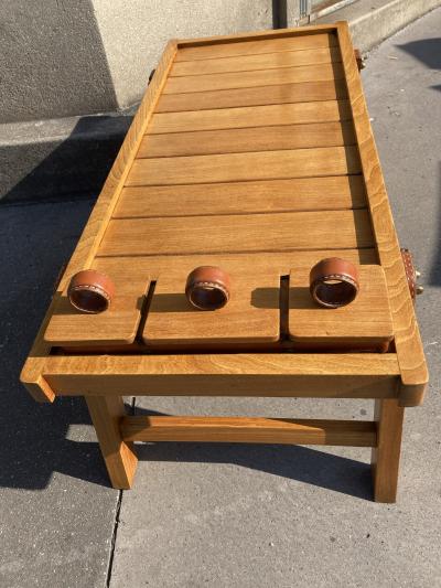 Jacques Adnet 1950s Stitched leather and wood cocktail table by Jacques Adnet